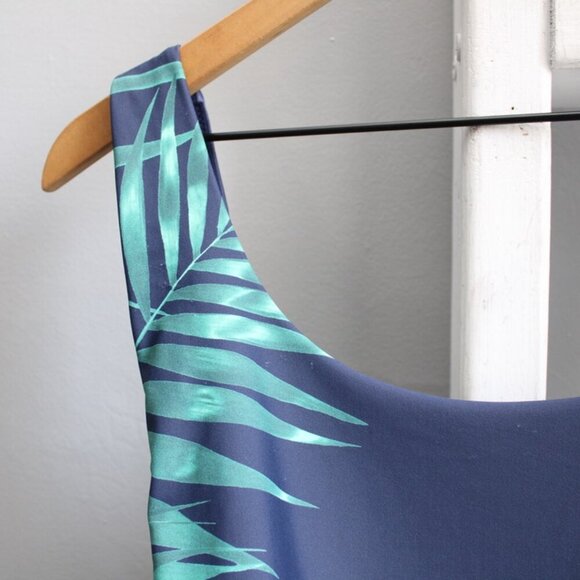 Aerie Navy Blue Green Palm Leaf Print Super Scoop Cheekiest One-Piece SZ Large - Picture 5 of 8